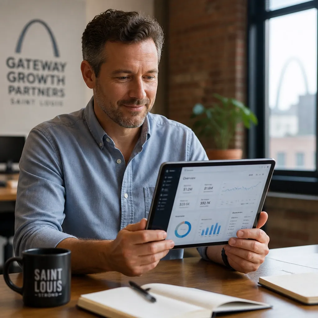 Man in a denim shirt smiling at a business overview dashboard on a tablet, with a Saint Louis mug on the desk and the Gateway Arch visible through the window