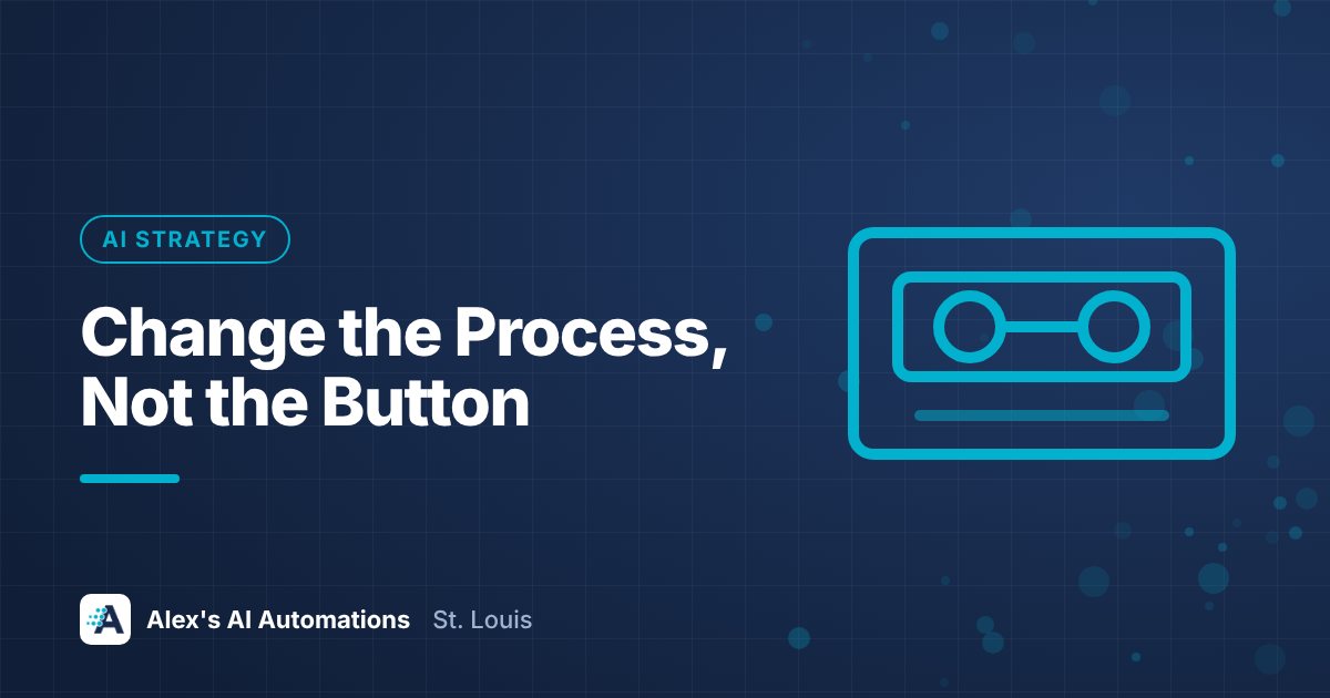 Bold headline reading Change the Process, Not the Button, about small businesses redesigning workflows around AI instead of relying on built-in AI features