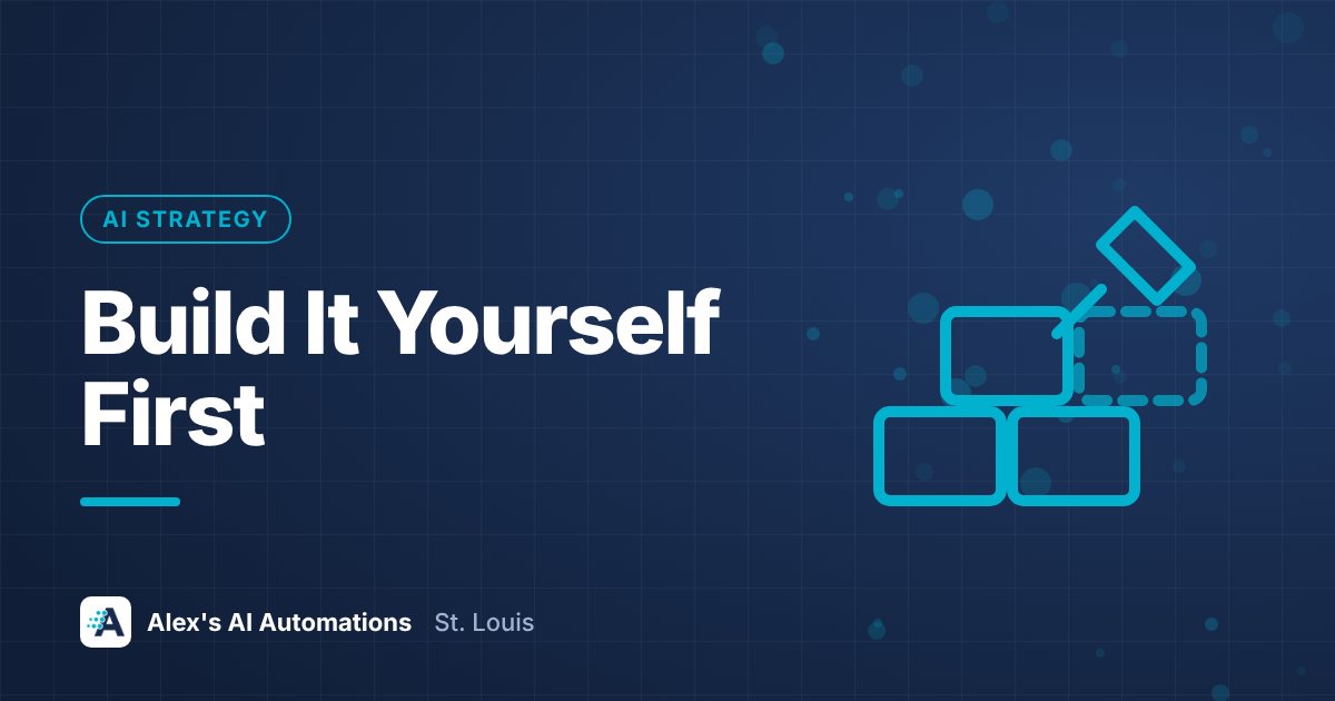 Bold headline reading Build It Yourself First, about small business owners trying to build their own AI tools before hiring help