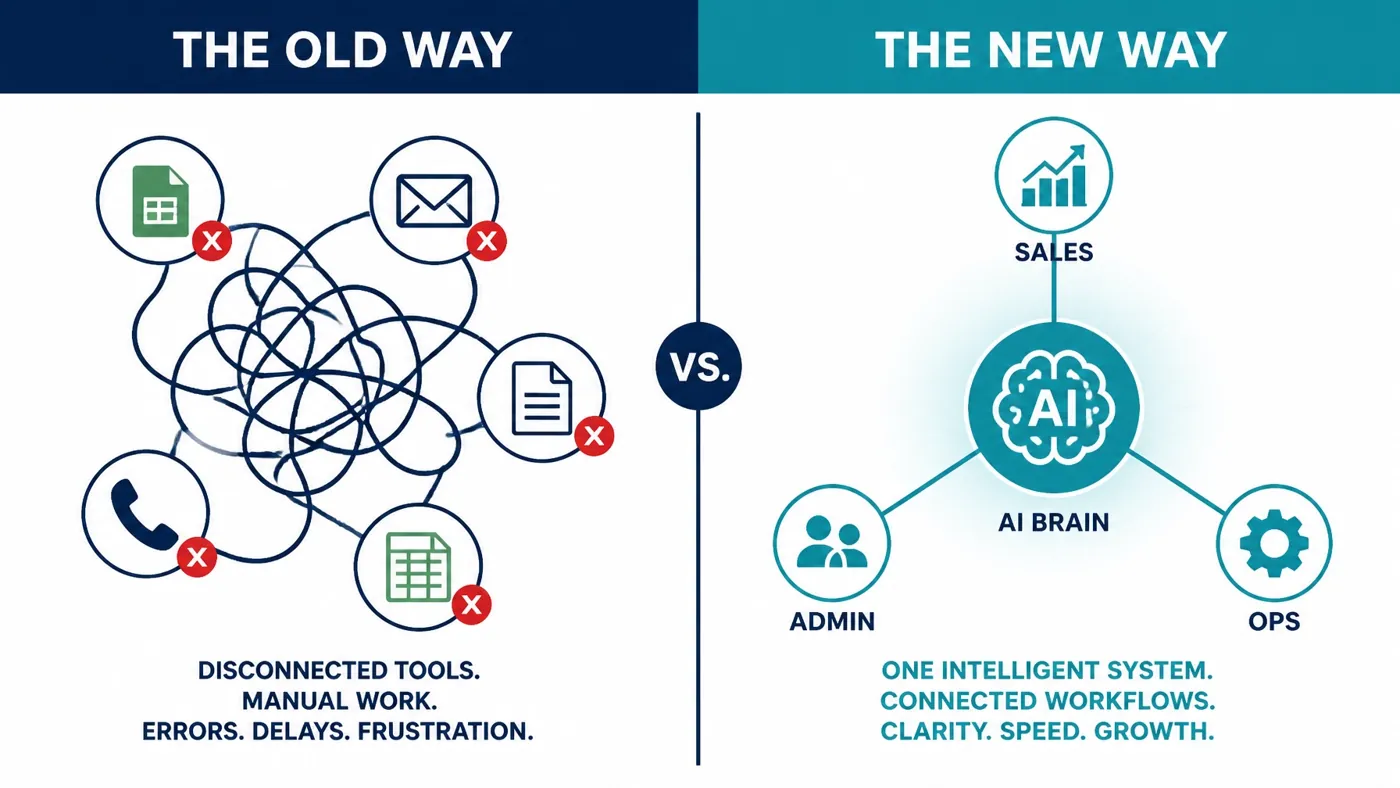 Infographic comparing the old way, a tangle of disconnected spreadsheets, email, phone and documents, with the new way, sales, admin and ops connected through one AI system