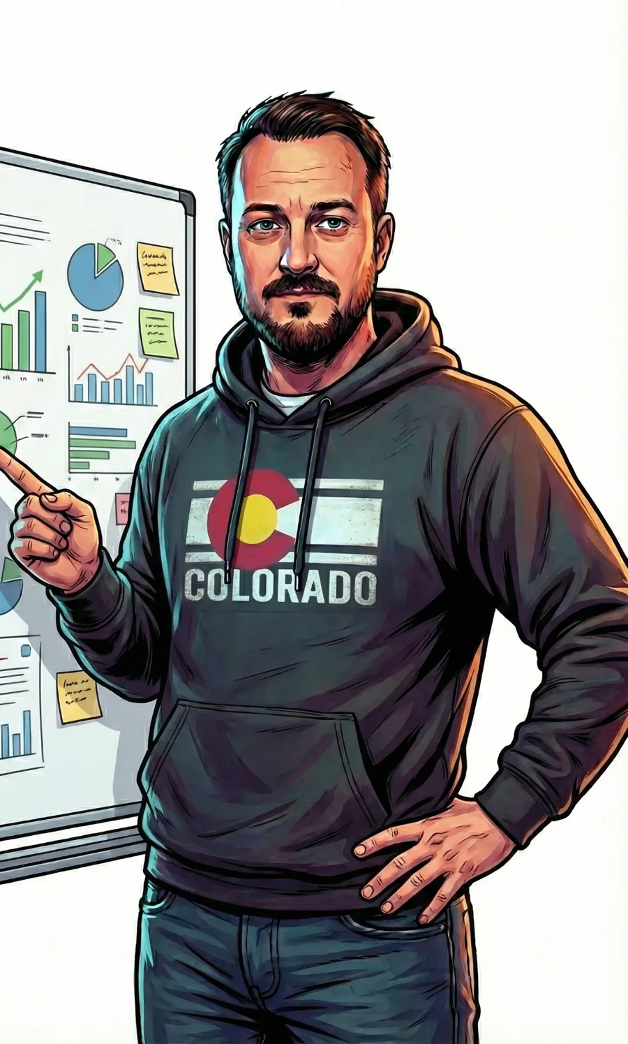 Illustration of Alex Lamy pointing to workflow charts on a whiteboard
